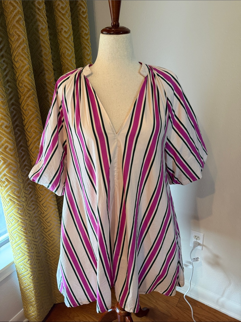 Striped Pink V-Neck Short-Sleeve Mini Dress